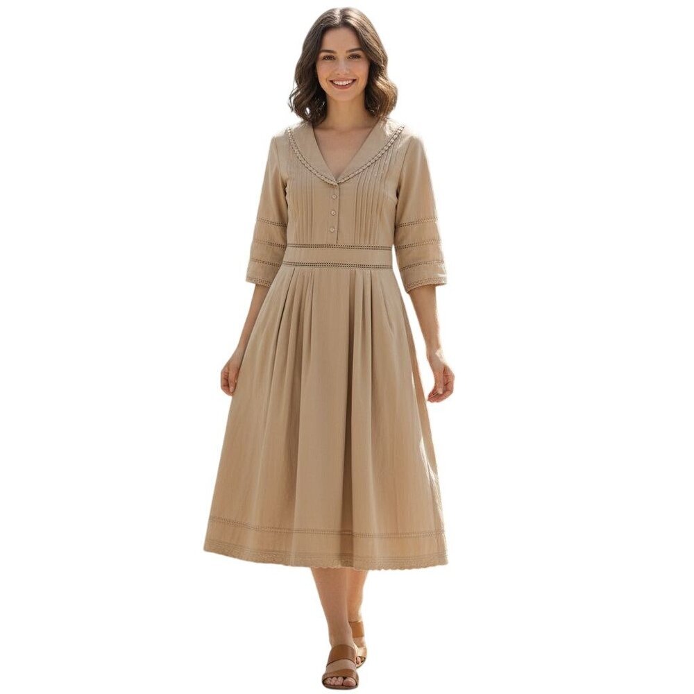 Simply Retro Fiona 100% Cotton 50s Inspired Midi Dress Tan Size M